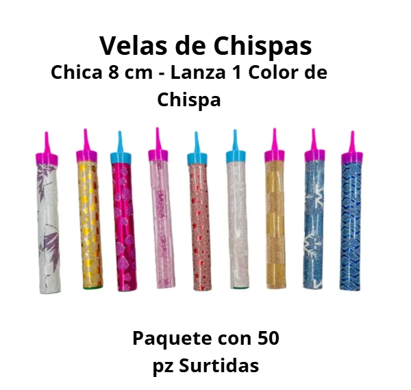 PAQUETE VELA DE CHISPAS CHICA 50 PZS 8 CM