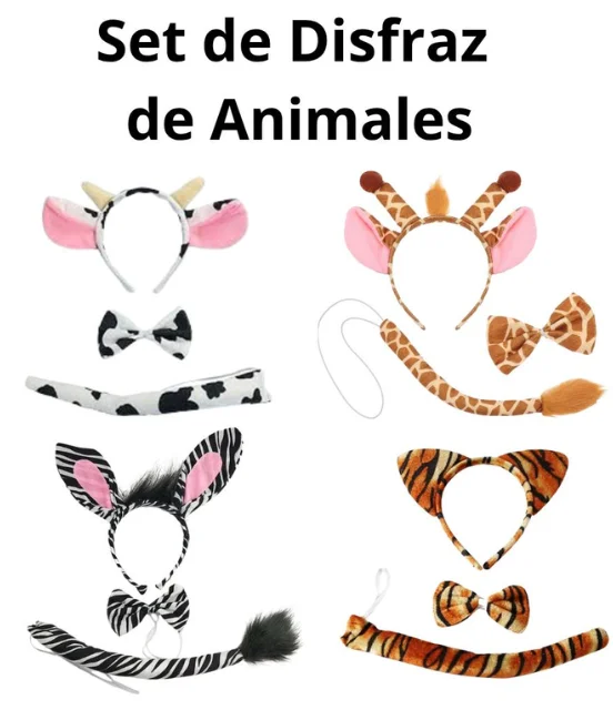 SET DE DISFRAZ DE ANIMALES (DIADEMA, CORBATA Y COLA)