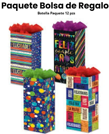 PAQUETE BOLSA DE REGALO BOTELLA 12 PZS SURTIDAS