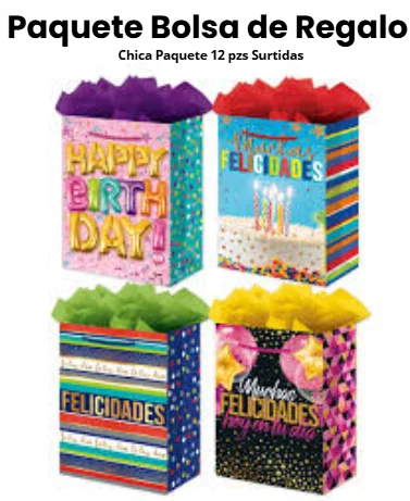 PAQUETE BOLSA DE REGALO CHICA 12 PZS SURTIDAS