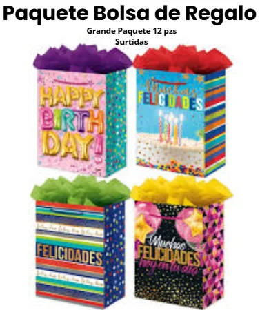 PAQUETE BOLSA DE REGALO GRANDE 12 PZS SURTIDAS