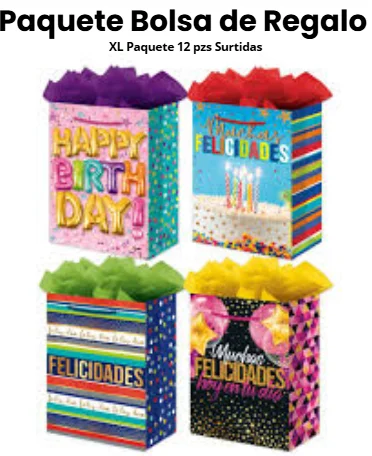 PAQUETE BOLSA DE REGALO XL 12 PZS SURTIDAS