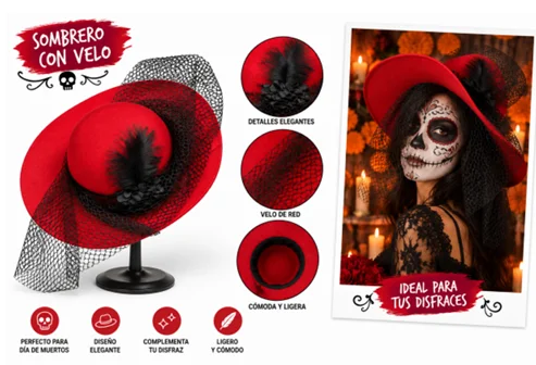 SOMBRERO CATRINA ROJO VELO FINO