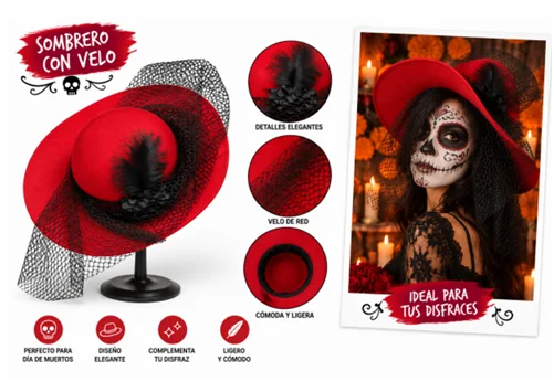 SOMBRERO DE CATRINA ROJO VELO GRUESO