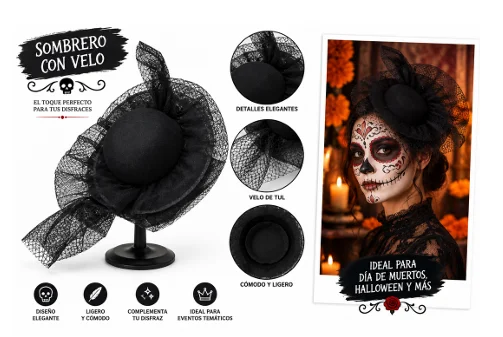 SOMBRERO DE CATRINA CON VELO NEGRO