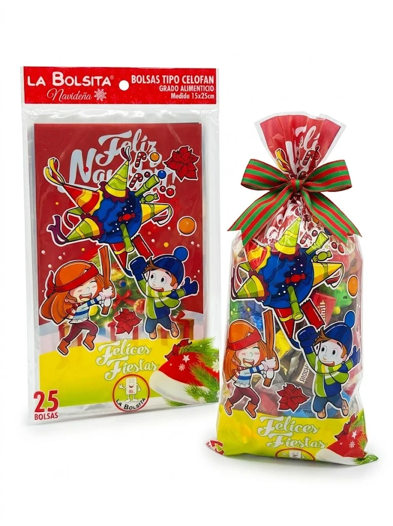 BOLSA CELOFAN NAVIDEÑA 25 PZS SURTIDAS 15 X 25 CM